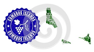 Composition of Grape Wine Map of Comoros Islands and Grape Grunge Stamp