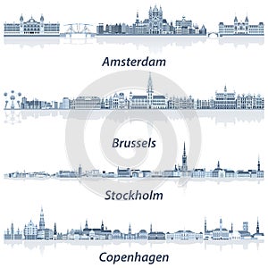 Vector collection of Amsterdam, Brussels, Stockholm and Copenhagen abstract city skylines in tints of blue color palette