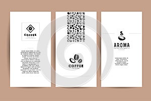Vector collection of artistic cards with coffee emblems & logo, hand drawn coffee beans & seeds, textures & patterns.