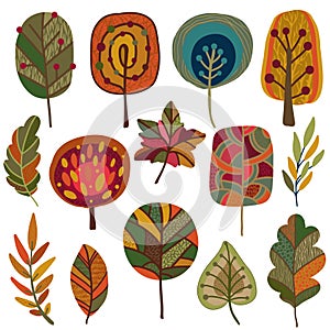 Vector collection of autumn leaves and trees.