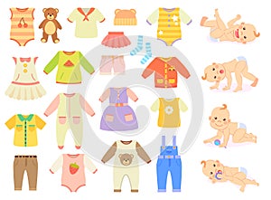 Vector collection of baby and children clothes for boys and girls. Cute baby crawls and plays