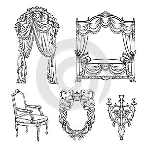 Vector collection of baroque furniture made in hand drawn style. photo