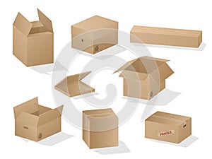 Vector collection of beautiful shaded realistic brown carton paper boxes on white background