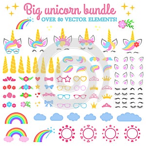 Vector collection - Big unicorn bundle. Create your own unicorn. Unicorn constructor - horhs, eyelashes, ears, hairstyles, flowers