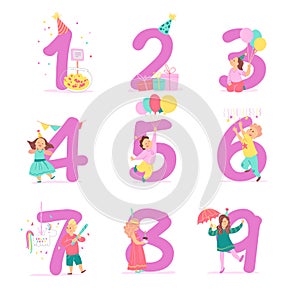 Vector collection of birthday party numbers with happy kid characters celebrating and party hats, gifts, candy, pinata, decor elem