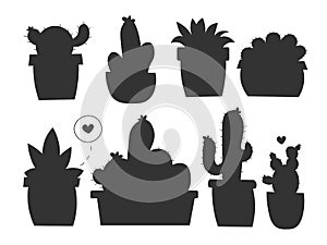 Vector collection of black hand drawn cactus sketch in pot collection isolated on white background. Flat cactus icon set