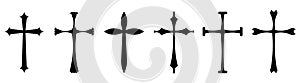 Vector collection of black ink or paint religion or faith cross symbol set isolated on white background. Abstract christian