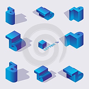 Vector collection of blue cyrillic letters hard sign or yer in isometric 3d elements, drawn with vivid gradients with shadows
