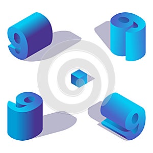 Vector collection of blue isometric number 9 in various foreshortening views with shadows