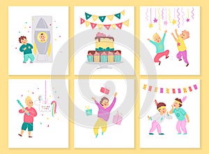 Vector collection of boys birthday party cards with bd cake, garlands, decor elements and happy kids characters. Flat cartoon styl