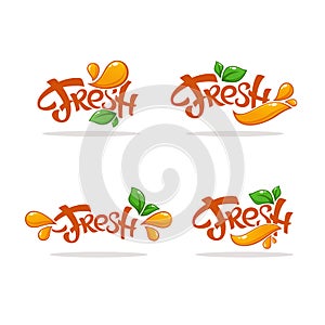 Vector collection of bright and shine logo, stickers, emblems and banners for orange fresh juice