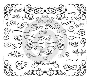 Vector Collection of Calligraphic Design Elements, Swirls Set, Black Lines Isolated.
