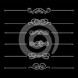 Vector collection of calligraphy style vinatge divider lines, white design elements isolated on black background