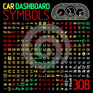 Vector collection of car dashboard panel indicators and warning lights