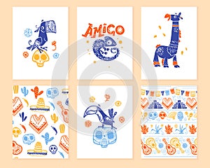 Vector collection of cards with traditional decoration for Mexico day dead party, dia de los muertos celebration in flat hand draw
