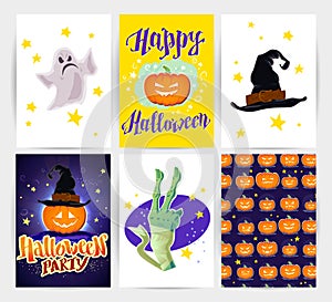 Vector collection of cartoon Halloween spooky cards and party invitations and flyers with lettering, patterns, decoration elements