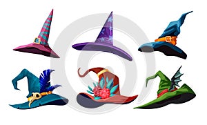 Vector Collection Of Cartoon Witch Hats For Your Halloween Design. Illustration with different types of magic hats