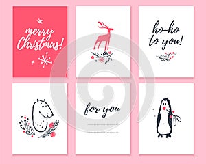 Vector collection of christmas cards, gift tags and badges isolated on light background.