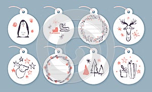 Vector collection of christmas cards, gift tags and badges isolated on light background.