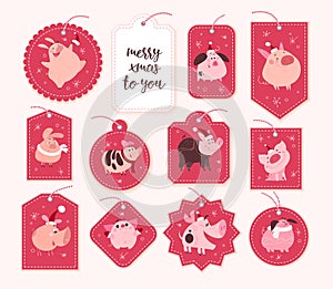 Vector collection of christmas gift tags and badges different shapes isolated on red background.