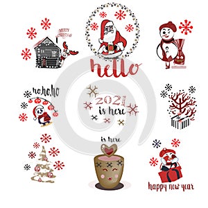 Vector collection of christmas items, elements and decorations featuring deer, christmas tree, gift snow man, panda,cup