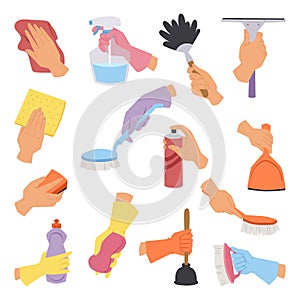 Vector collection with cleaning tools in hand flat style perfect for housework packaging and colorful domestic hygiene