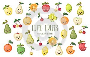 Vector collection of colorful cute cartoon fruits characters apple, pear, orange, cherry, lemon, lime