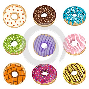 Vector collection with colorful donuts. Glaze, sprinkle and chocolate donuts with hand drawn texture.