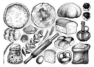 Vector collection of cooking ingredients, sweet products, bread. Hand drawn illustration for bakery, baking goods shop, recipes