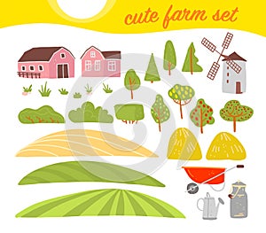 Vector collection of cozy farm elements: house, garden, trees, field, haystack, windmill isolated on white background.