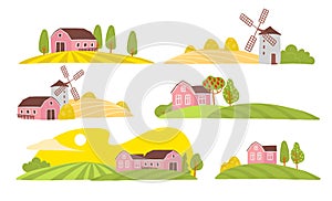 Vector collection of cozy farm landscape view: house, garden, trees, field, haystack, windmill isolated on white background.