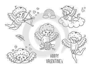 Vector collection of cute black and white cupids. Set with funny outline Valentineâ€™s day characters. Line art love angels with