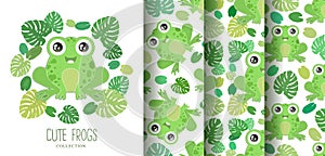 Vector collection of cute cartoon baby frog isolated on white background. Set of Illustration and seamless patterns design for t-