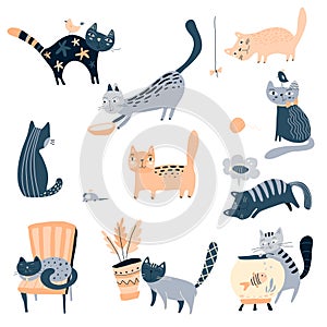 Vector collection of cute cats in simple flat style.