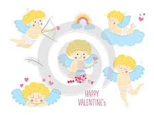 Vector collection of cute cupids. Set with funny Valentineâ€™s day characters. Love angels with wings, bow and arrow, lying on a