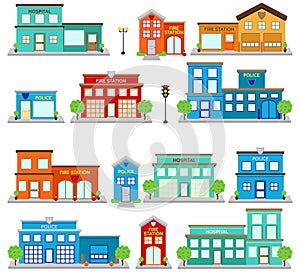 Vector Collection of Cute Fire Station Buildings, Hospitals and Clinics, and Police Stations.