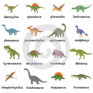 Vector collection of cute flat dinosaurs, including T-rex, Stegosaurus, Velociraptor, Pterodactyl, Brachiosaurus and photo