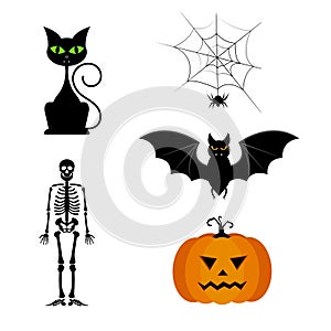Vector collection of different cute black Halloween silhouettes.