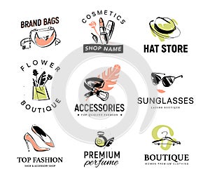 Vector collection of different fashionable lady logo for accessory & clothing shop, aroma & shoe boutique, cosmetics & hat store,