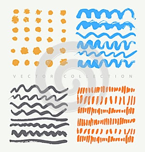 Vector collection of different ink drawn abstract elements for patterns, decoration, arts, crafts. Grunge artistic set.