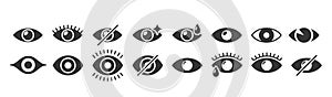 Vector Collection Of Different Monochrome Eye Icons Presented In A Simple Black And White Style. Vision Signs, Symbols