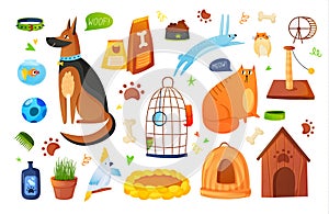 Set of animals and pet equipment in cartoon style.
