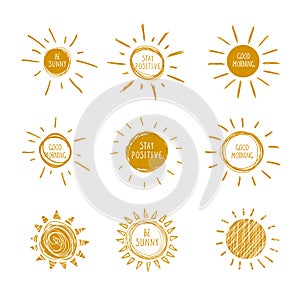 Vector Collection of Doodle Hand Drawn Sun Icons with Handwritten Words, Be Sunny, Good Morning, Stay Positive. photo