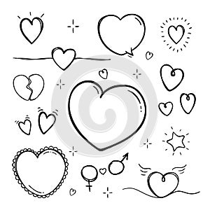 Vector collection of doodle outline cute hearts isolated on white background