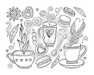Vector collection of Doodle tea and coffee hand drawn in outline. Tea time elements collection. Set of tea and coffee icons. Cup,