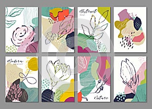 Vector collection of eight trendy creative cards with hand drawn floral elements, flowers and different textures.