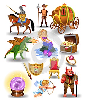 Vector collection of fairy tale icons and characters like mermaid, dragon, knight and crystal ball