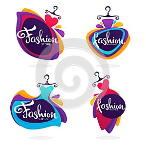 vector collection of fashion boutique and store logo, label, emblems with bright baloon dresses and lettering composition