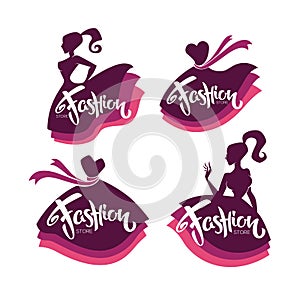 vector collection of fashion boutique and store logo, label, emblems with lady silhouettes, bright dresses and lettering