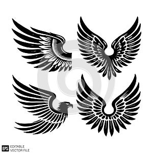 Stylized Eagle and Feather Wings Vector Set